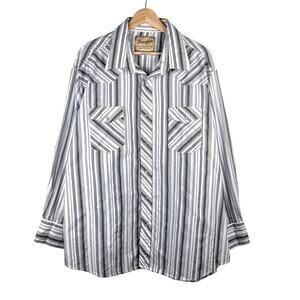 Wrangler VTG Mens Shirt 2XL White Gray Striped Pearl Snap Western Cowboy Rodeo